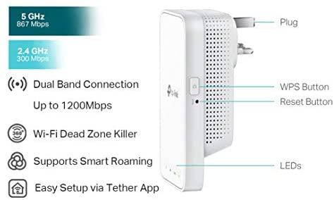 TP-Link RE300 AC1200 Mesh Wi-Fi Range Extender/Wi-Fi Booster/Wi-Fi Repeater(Up to 1200 Mbps), 2 Internal Antennas, Intelligent Signal Light, Power Schedule, LED Control, Tether APP, UK Plug WP Smart Home