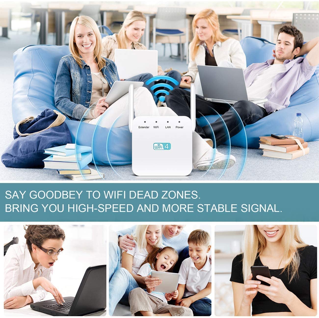 EDUPUP WiFi Extender, WiFi Range Booster, Wireless Range Extender with 2 External Antenna, LAN Port, 300Mbps 2.4GHz WiFi Repeater Booster Compatible with All Routers WP Smart Home
