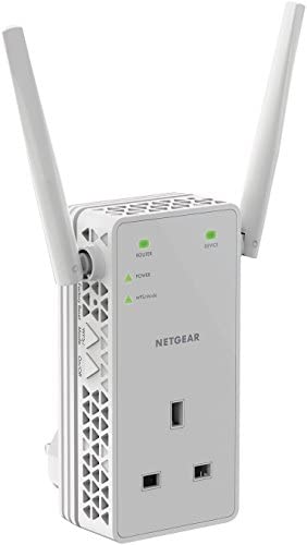 NETGEAR 11AC 1200 Mbps Dual Band Gigabit 802.11ac (300 Mbps + 900 Mbps) Wi-Fi Range Extender with External Antennas, UK Plug and Extra Power Outlet (Wi-Fi Booster) (EX6130-100UKS) WP Smart Home