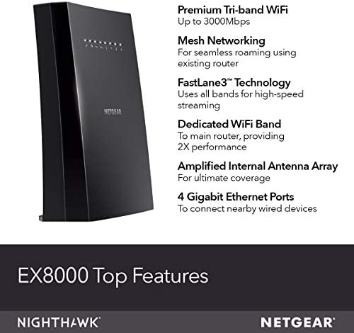 NETGEAR WiFi Mesh Range Extender EX8000 - Coverage up to 2500 sq.ft. and 50 Devices with AC3000 Tri-Band Wireless Signal Booster & Repeater (up to 3000 Mbps speed), Plus Mesh Smart Roaming WP Smart Home