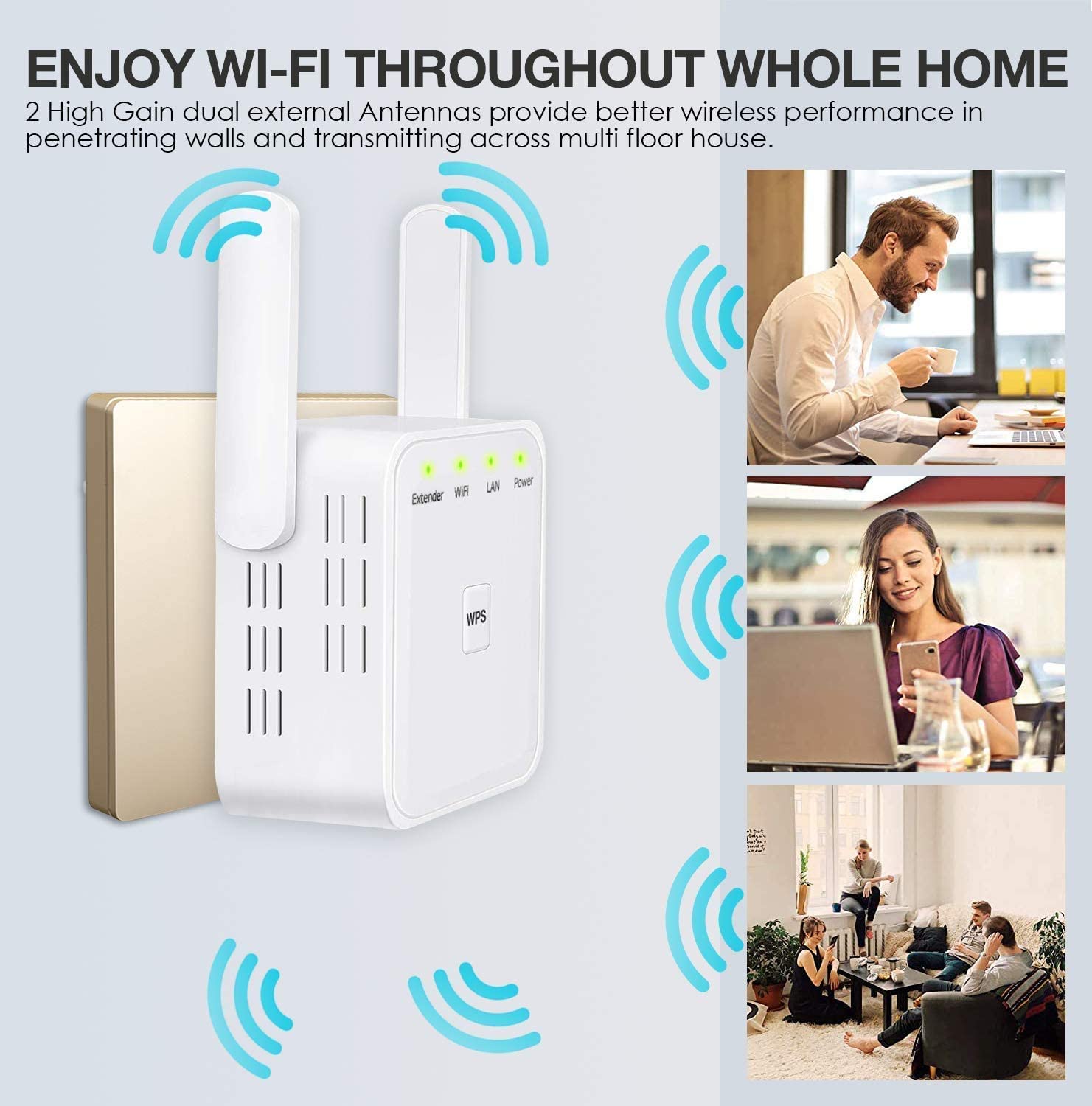 WIKIMN WiFi Signal Extender, Internet WiFi Booster 2.4G for Home 300Mbps Superboost Wi-Fi Blast Range WLAN Signal Amplifier Repetidor Supports RP/AP Mode, Easy Setup WP Smart Home